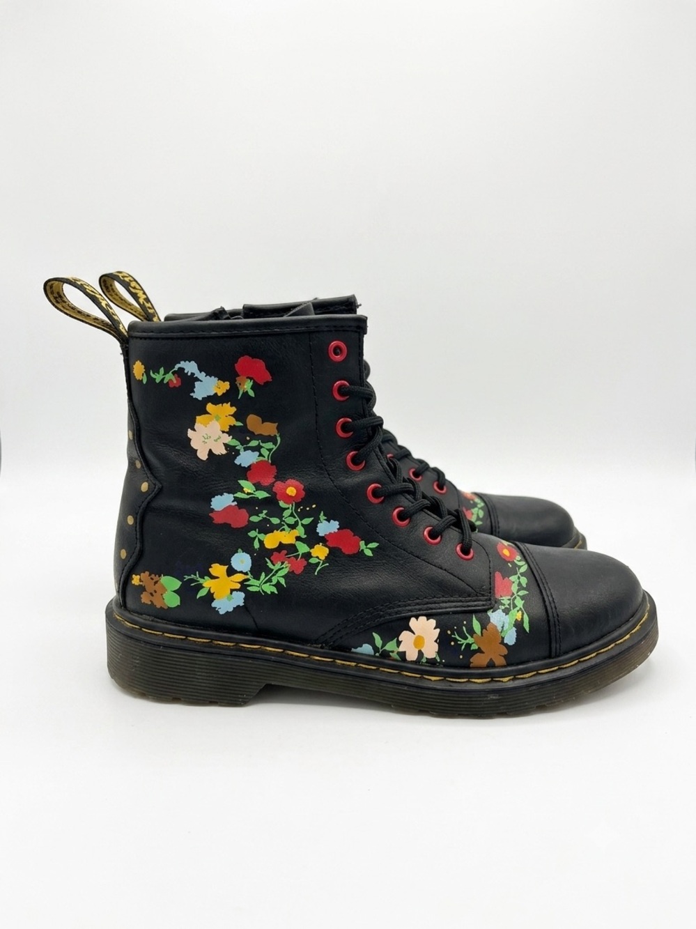 Dr. Martens Junior 1460 Pooch Black Leather Floral Combat Boots Size 4 Youth